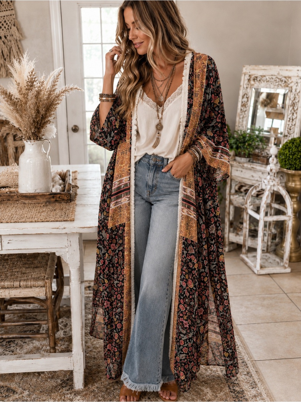 Kori America Boho Floral Paisley Maxi Kimono Duster S/M